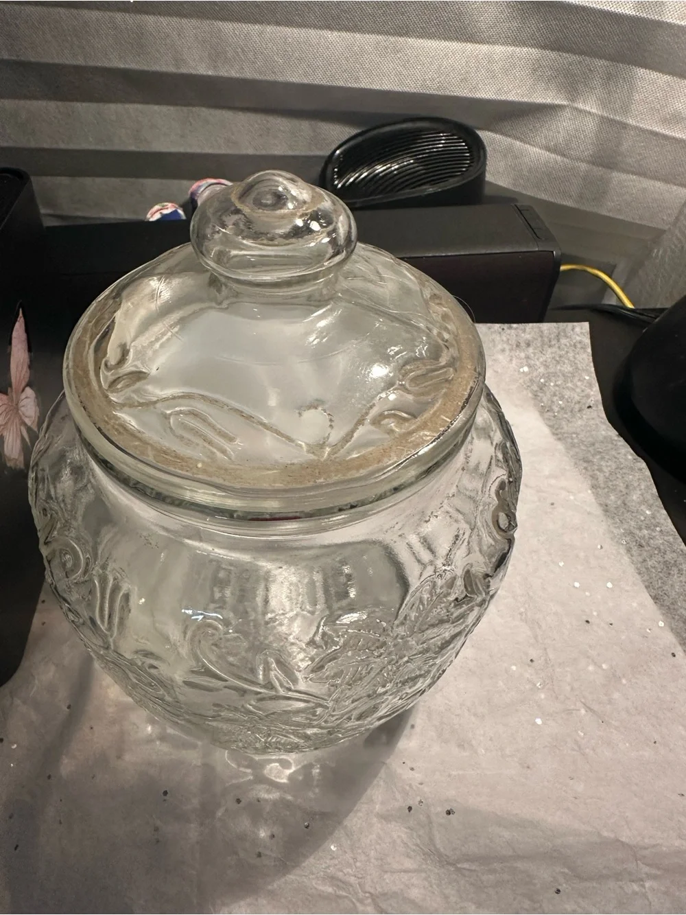 Clear Embossed Glass Cookie Jar with Lid
